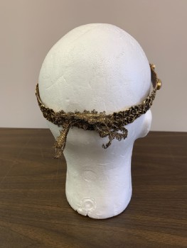 Unisex, Historical Fiction Headpiece, MTO, Antique Gold Metallic, Pink, White, Metallic/Metal, Beaded, Novelty Pattern, 7 Adj, Adjustable Gold Ribbon Ties, Pink stones, White Pearl Beads