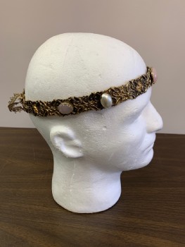 Unisex, Historical Fiction Headpiece, MTO, Antique Gold Metallic, Pink, White, Metallic/Metal, Beaded, Novelty Pattern, 7 Adj, Adjustable Gold Ribbon Ties, Pink stones, White Pearl Beads