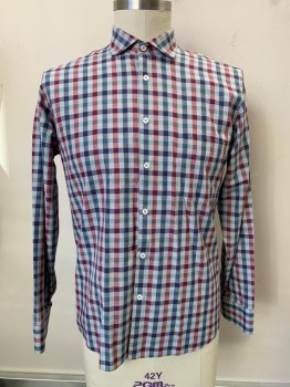 Mens, Casual Shirt, Billy Reid, Red, Blue, Mint Green, Lt Gray, Cotton, Gingham, 35, 16, L/S, Button Front, Collar Attached, Chest Pocket