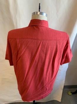 Mens, Casual Shirt, TASSO ELBA, Brick Red, Silk, Rayon, Solid, M, S/S, C.A., Textured Fabric, Bttn., Patch Pocket