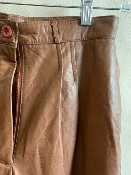 CATHERINE C., Brown, Leather, Solid, Pleated, 3 Pockets, Zip Fly,