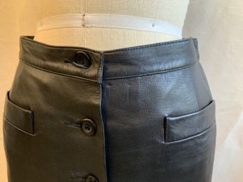 CACHE, Black, Leather, Solid, Above Knee Length, Leather Covered Buttons At Front, 2 Pockets, 1 1/4" Waistband