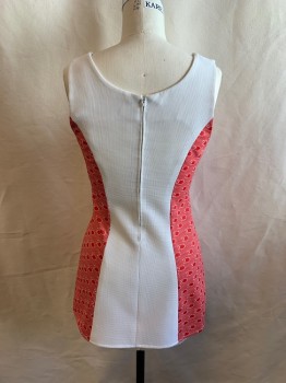 N/L, White, Red, Polyester, Circles, Text, Scoop Neck, Sleeveless, Zip Back, "LOVE" Text Diagonally on Front with Hounds tooth and Circle Pattern, Hounds Tooth and Circle Pattern on Sides As Well