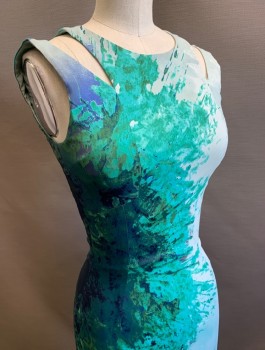 Womens, Dress, Sleeveless, KAREN MILLEN, Mint Green, Ice Blue, Dk Green, Acetate, Polyamide, Abstract , Sz.2, Satin, Double Straps at Shoulders with V Shaped Cutout, Round Neck, Fitted Sheath Dress, Knee Length, Invisible Zipper in Back