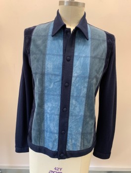 Mens, Sweater, ENERGIE, Navy Blue, Lt Blue, Dusty Blue, Polyester, Acrylic, Color Blocking, XL, Cardigan, B.F., C.A., L/S, Ultrasuede Vertical Stripes with Horizontal Stitching On Front, Button Cuffs