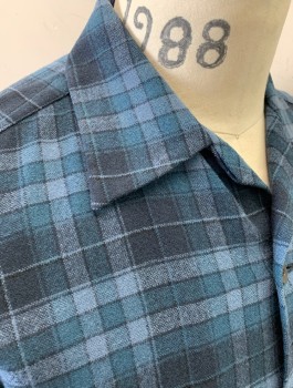 Mens, Casual Shirt, PENDLETON, Navy Blue, Blue, Lt Blue, Wool, Plaid, M, L/S, Button Front, Camp Collar, 2 Patch Pockets with Flaps, Retro/Classic Style,