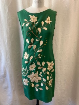 Womens, Dress, GENOVART, Green, Beige, Lt Brown, Cotton, Synthetic, Floral, W: 31, B:34, H: 36, Scoop Neck, Cap Sleeves, Floral Embroidery, Side Zip, Hem at Knee