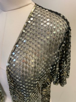 Womens, Evening Jacket, NL, Black, Silver, Gold, Synthetic, Chevron, Stripes, M, Open Front, Flutter Sleeve, Square And Round Sequins