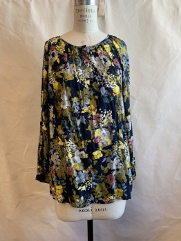 Womens, Top, J. JILL, Olive Green, Navy Blue, Multi-color, Viscose, Floral, M, Round Neck, Button Front, L/S, Maroon Flowers, Yellow Leaves