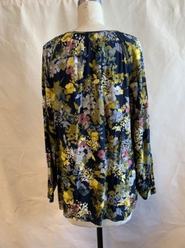 Womens, Top, J. JILL, Olive Green, Navy Blue, Multi-color, Viscose, Floral, M, Round Neck, Button Front, L/S, Maroon Flowers, Yellow Leaves