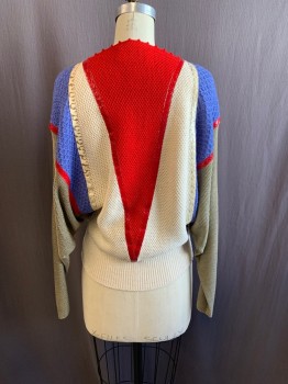 Womens, Sweater, JAYNA, Beige, Red, Periwinkle Blue, Khaki Brown, Acrylic, Color Blocking, Geometric, B32-36, S, Square Neckline, Red Loop Trim at Neckline, Red & Beige Reptile Pleather Trim, L/S, Elastic Waist, Oversized
