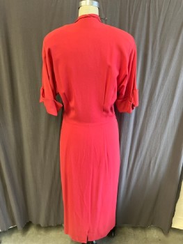 Womens, Dress, JULETTE, Raspberry Pink, Rayon, Solid, W:28, B36, Pleats Under Pointed Collar, CF Placket with 3 Btns, Side Zip, Cuffed S/S, Skirt Pleated At  Waist Line