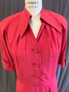 JULETTE, Raspberry Pink, Rayon, Solid, Pleats Under Pointed Collar, CF Placket with 3 Btns, Side Zip, Cuffed S/S, Skirt Pleated At  Waist Line