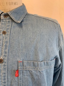 Mens, Casual Shirt, LEVI'S, Denim Blue, Cotton, Solid, 15.5, M, 35, C.A., Button Front, L/S, 2 Pockets,