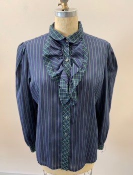OAK HILL, Black, Forest Green, Yellow, Poly/Cotton, Stripes, Plaid, L/S, B.F., , Ruffle Front, Peter Pan Collar, Plaid Contrast, Pleated Sleeves