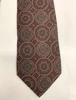 PIERRE BALMAIN, Red Burgundy, Olive Green, Gray, Silk, Medallion Pattern, Geometric, 3.5" Wide, Four in Hand, Extra Long