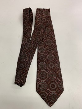 Mens, Tie, PIERRE BALMAIN, Red Burgundy, Olive Green, Gray, Silk, Medallion Pattern, Geometric, 3.5" Wide, Four in Hand, Extra Long