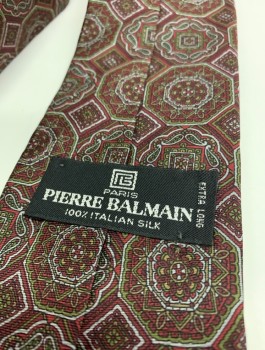 Mens, Tie, PIERRE BALMAIN, Red Burgundy, Olive Green, Gray, Silk, Medallion Pattern, Geometric, 3.5" Wide, Four in Hand, Extra Long