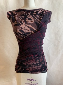 Womens, Top, FUZZI, Dusty Pink, Red Burgundy, Black, Polyamide, Nylon, Floral, XS, Boat Neckline, Draping From Left Shoulder to Side, Ruched, Cap Sleeves