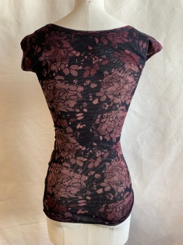 Womens, Top, FUZZI, Dusty Pink, Red Burgundy, Black, Polyamide, Nylon, Floral, XS, Boat Neckline, Draping From Left Shoulder to Side, Ruched, Cap Sleeves