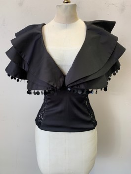 Womens, Sci-Fi/Fantasy Top, AKIRA, Black, Polyester, Solid, S, Satin, V-neck with Very Oversized Capelet Like Collar with 3 Tiers/Layers, Black Shiny Paillettes Hanging From Edge, Fitted Top Underneath with Stretchy Lace Sides, Multiples