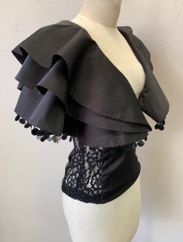 AKIRA, Black, Polyester, Solid, Satin, V-neck with Very Oversized Capelet Like Collar with 3 Tiers/Layers, Black Shiny Paillettes Hanging From Edge, Fitted Top Underneath with Stretchy Lace Sides, Multiples