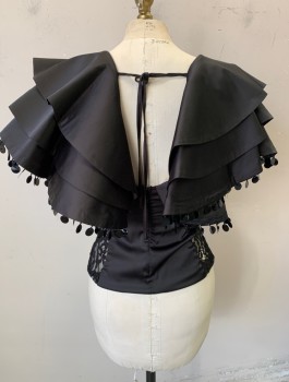 AKIRA, Black, Polyester, Solid, Satin, V-neck with Very Oversized Capelet Like Collar with 3 Tiers/Layers, Black Shiny Paillettes Hanging From Edge, Fitted Top Underneath with Stretchy Lace Sides, Multiples