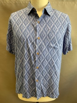 TOMMY BAHAMA, Lt Blue, Periwinkle Blue, Silk, Polyester, Geometric, Diamonds, Short Sleeves, Collar Attached, 1 Pocket,