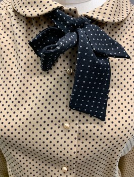 ROUTE ONE, Tan Brown, Black, Polyester, Polka Dots, L/S Dress, with Attached Neck TiePearl Buttons at CF & Cuffs