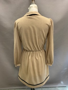 ROUTE ONE, Tan Brown, Black, Polyester, Polka Dots, L/S Dress, with Attached Neck TiePearl Buttons at CF & Cuffs
