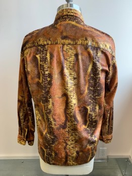 Mens, Shirt, ATLANTIC CONNECTION, Brown, Tan Brown, Mustard Yellow, Polyester, Spandex, Reptile/Snakeskin, L, C.A., Button Front, L/S, Gold Buttons