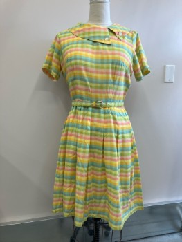 N/L, Yellow/Orange/Turquoise/Green Check, S/S, Round Neck,  Asymmetrical Novelty Collar with Button Detail, Back Zip, Pleated Skirt, Belt Loops, Matching BELT
