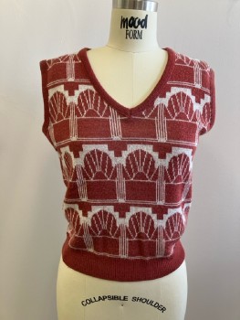 Womens, Vest, N/L, B:36, Pull On, V-N, Rust/Cream Art Deco Geometric Horizontal Stripe, Rib Knit Trims