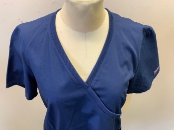 CHEROKEE, Indigo Blue, Poly/Cotton, Elastane, Solid, Short Sleeves, V-neck, 3 Pockets, Rib Knit Panels in Back