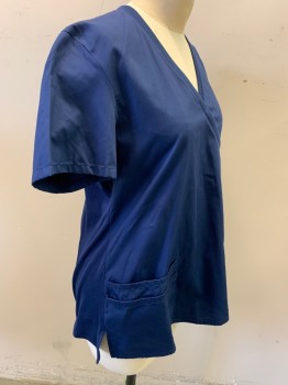 CHEROKEE, Indigo Blue, Poly/Cotton, Elastane, Solid, Short Sleeves, V-neck, 3 Pockets, Rib Knit Panels in Back