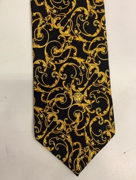GIANNI VERSACE, Gold, Black, Cream, Silk, Abstract , Novelty Pattern, Four In Hand, Swirls/Vines, Stripes And Greek Keys On Back,