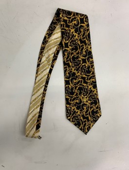 Mens, Tie, GIANNI VERSACE, Gold, Black, Cream, Silk, Abstract , Novelty Pattern, Four In Hand, Swirls/Vines, Stripes And Greek Keys On Back,