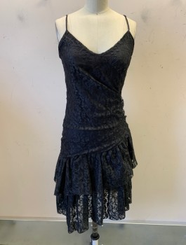 NL, Black, Poly/Cotton, All Over Lace, Spaghetti Straps, V-N, Ruched to Left Side, Drop Waist, Ruffle Skirt, Zip Side