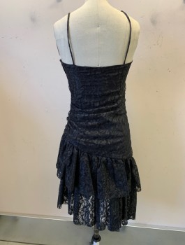 Womens, Cocktail Dress, NL, Black, Poly/Cotton, 0, All Over Lace, Spaghetti Straps, V-N, Ruched to Left Side, Drop Waist, Ruffle Skirt, Zip Side