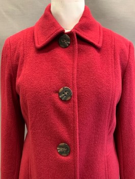 CALVIN KLEIN, Red, Wool, Polyester, Solid, L/S, Button Front, Collar Attached, Side Pocket,