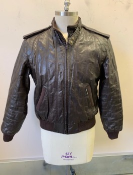 Mens, Leather Jacket, MEMBERS ONLY, Dk Brown, Leather, Solid, 42, Zip Front, Rib Knit Accents At Waist, Pockets And Wrists, Stand Collar With Strap, Epaulettes At Shoulders
