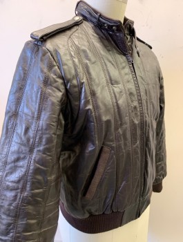 Mens, Leather Jacket, MEMBERS ONLY, Dk Brown, Leather, Solid, 42, Zip Front, Rib Knit Accents At Waist, Pockets And Wrists, Stand Collar With Strap, Epaulettes At Shoulders