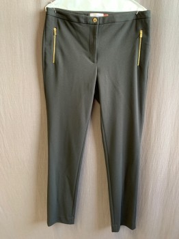 Womens, Slacks, CALVIN KLEIN, Black, Polyester, Spandex, Solid, 10, Zip Fly, Gold Button, 1" Waistband, 2 Gold Front Zippers, 2 Back Welt Pockets