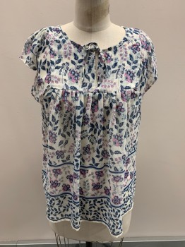Womens, Blouse, GAP, White, Navy Blue, Pink, Sky Blue, Polyester, Floral, M, Round Neck, Thin Neck Tie Attached, Key Hole, Cap Sleeves