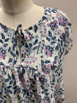 Womens, Blouse, GAP, White, Navy Blue, Pink, Sky Blue, Polyester, Floral, M, Round Neck, Thin Neck Tie Attached, Key Hole, Cap Sleeves