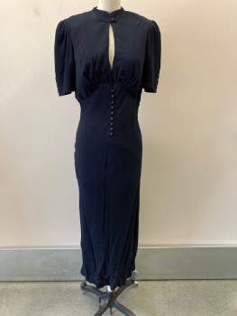 Womens, Dress, N/L, Navy Blue, Polyester, Solid, W:28, B:34, H:38, Stand Collar, CF  Key Hole,  Pleated At Bodice , Multiple Black Diamond Like,l oop Btns At 3/4 Slvs, Waist & Collar Band, Side Zipper