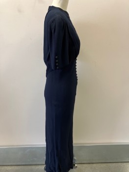 Womens, Dress, N/L, Navy Blue, Polyester, Solid, W:28, B:34, H:38, Stand Collar, CF  Key Hole,  Pleated At Bodice , Multiple Black Diamond Like,l oop Btns At 3/4 Slvs, Waist & Collar Band, Side Zipper