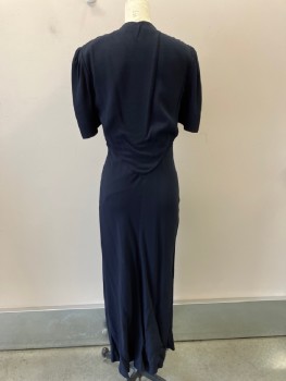 N/L, Navy Blue, Polyester, Solid, Stand Collar, CF  Key Hole,  Pleated At Bodice , Multiple Black Diamond Like,l oop Btns At 3/4 Slvs, Waist & Collar Band, Side Zipper