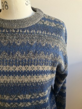 DAVID TAYLOR, Blue/ Beige, Horizontal Stripe, CN, L/S, Knit