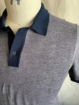 BOSS, Heather Gray, Navy Blue, Cotton, Heathered, Color Blocking, S/S, 2 Buttons,  Rib Knit Collar, Sleeves, Waistband, Black Plastic Buttons